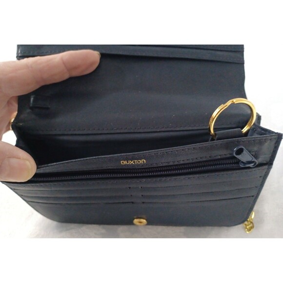 BUXTON SOFT LEATHER GOLD CHAIN STRAP BLUE CROSSBODY PURSE WALLET CLUTCH BAG - Picture 13 of 13